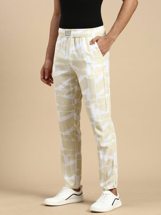 Unisex Relaxed Fit Beige Printed Lounge Pants