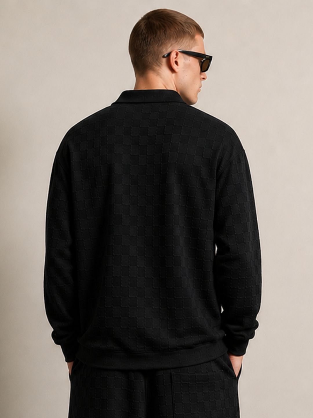 Black Textured Oversized Full Sleeve Polo Neck Tee & Trackpant Co-ord Set