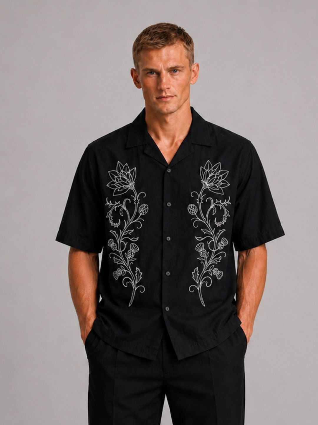 Black Embroidered Relax Fit Oversized Half Sleeve Casual Resort Shirt