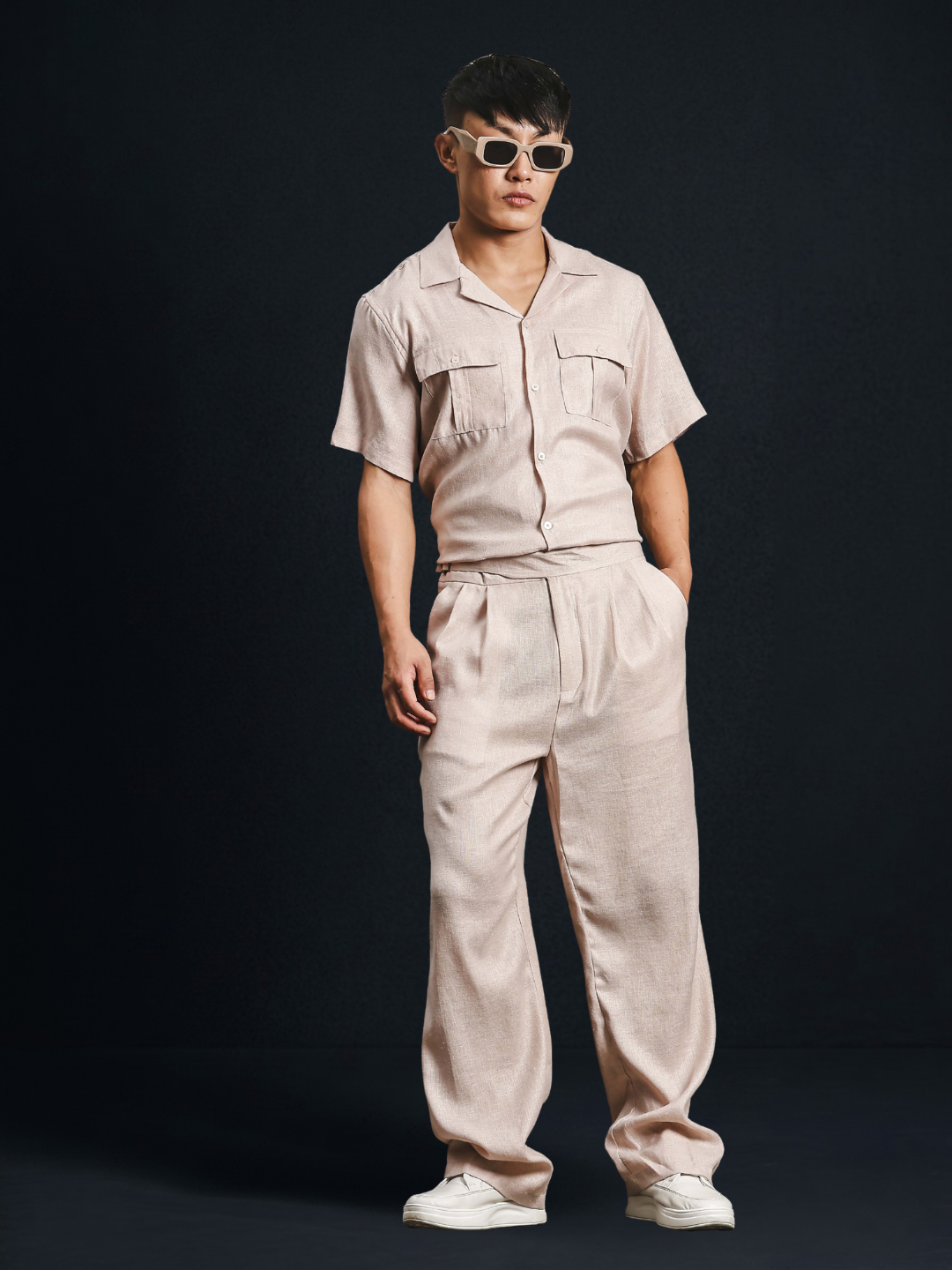 Champagne Pink Solid Linen Blend Gurkha Trousers with Double Pleated Front