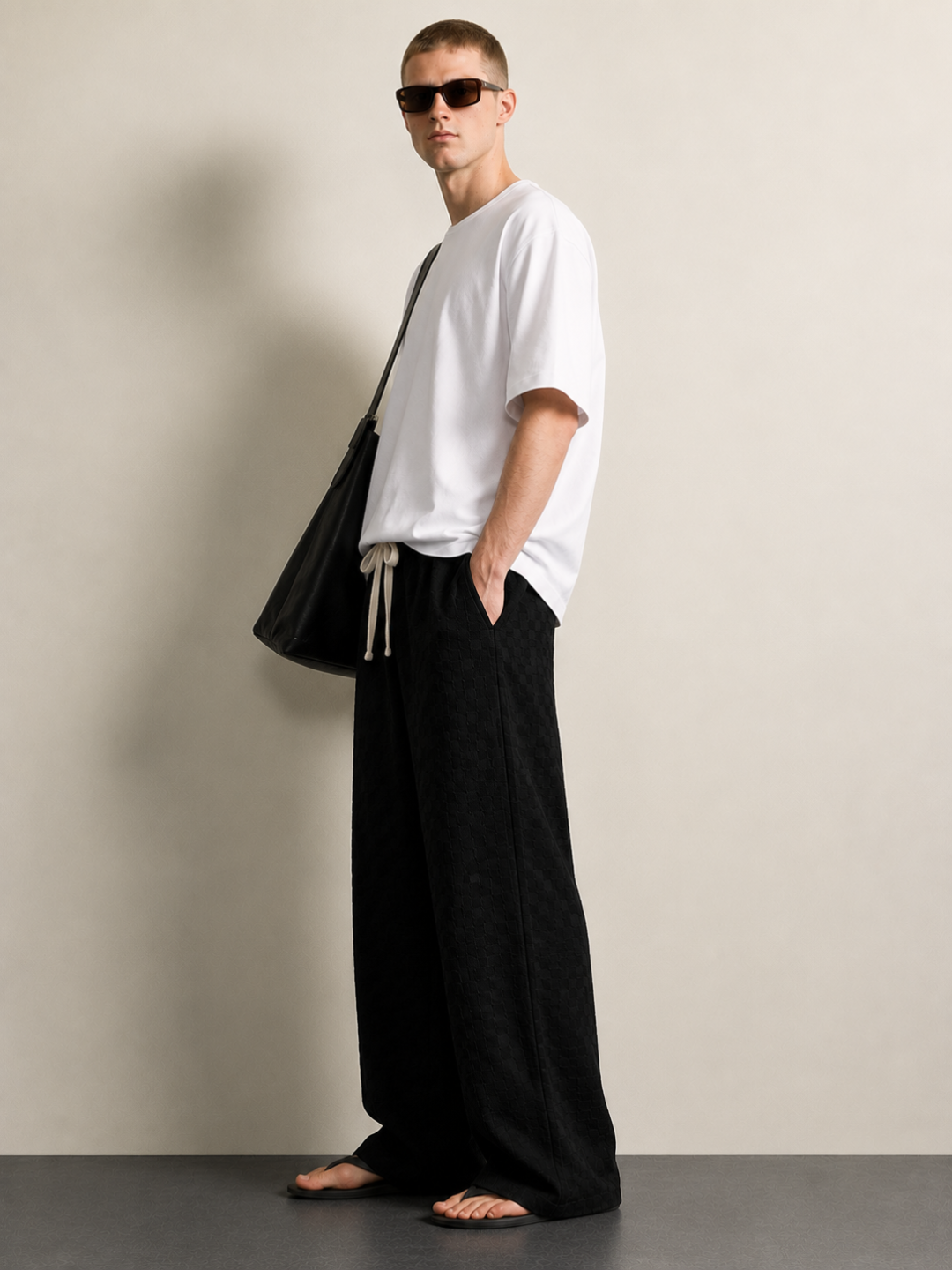 Black Textured Relaxed-Fit Mid-Rise Korean Pant