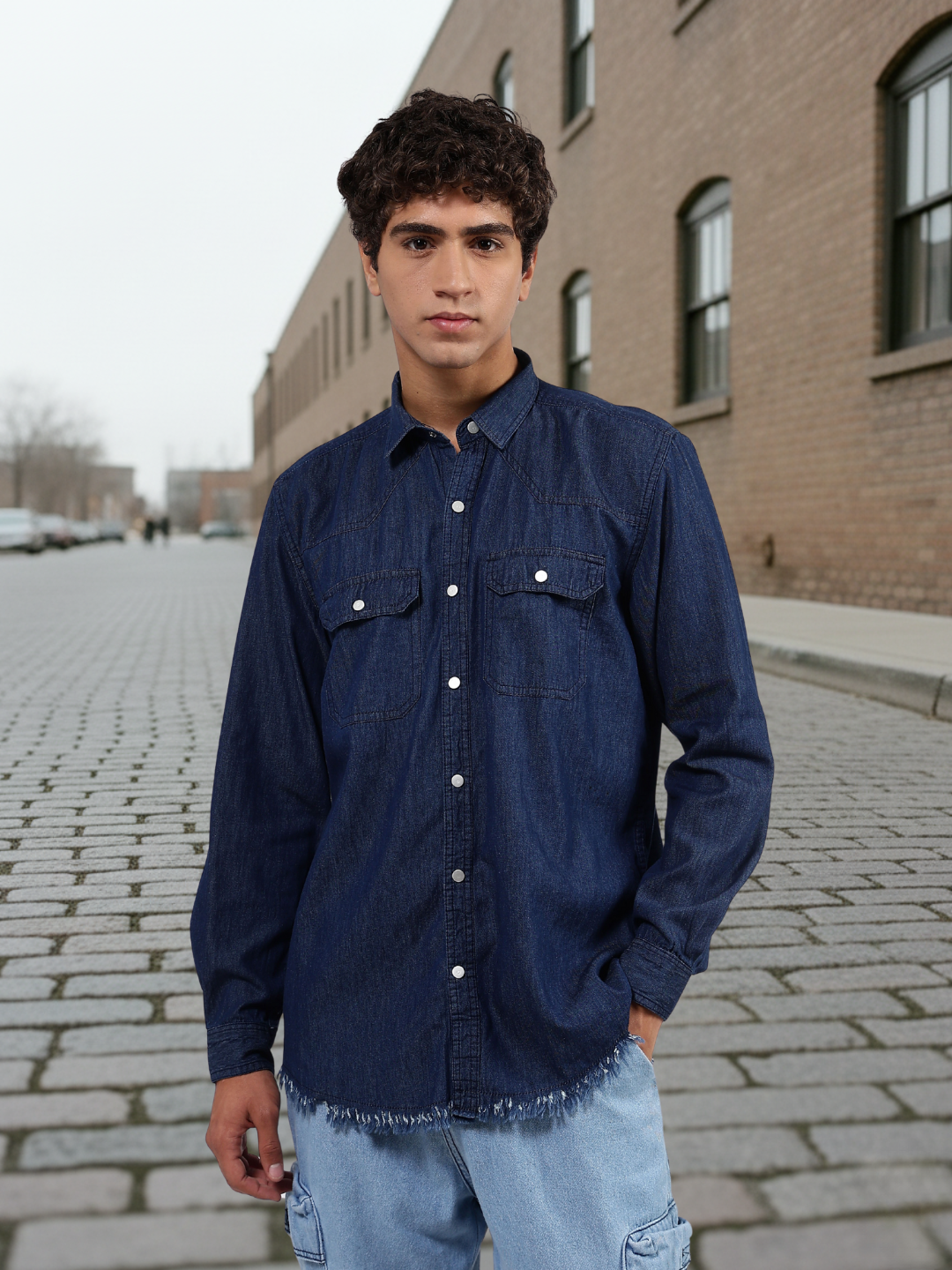 Navy Blue Raw Edge Oversized Relaxed Fit Spread Collar Premium Denim Shirt