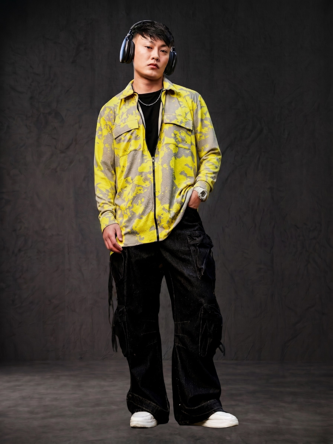 Neon Grey Splatter Abstract Print Textured Drop-Shoulder Relaxed Fit Shirt Zipper Shirt