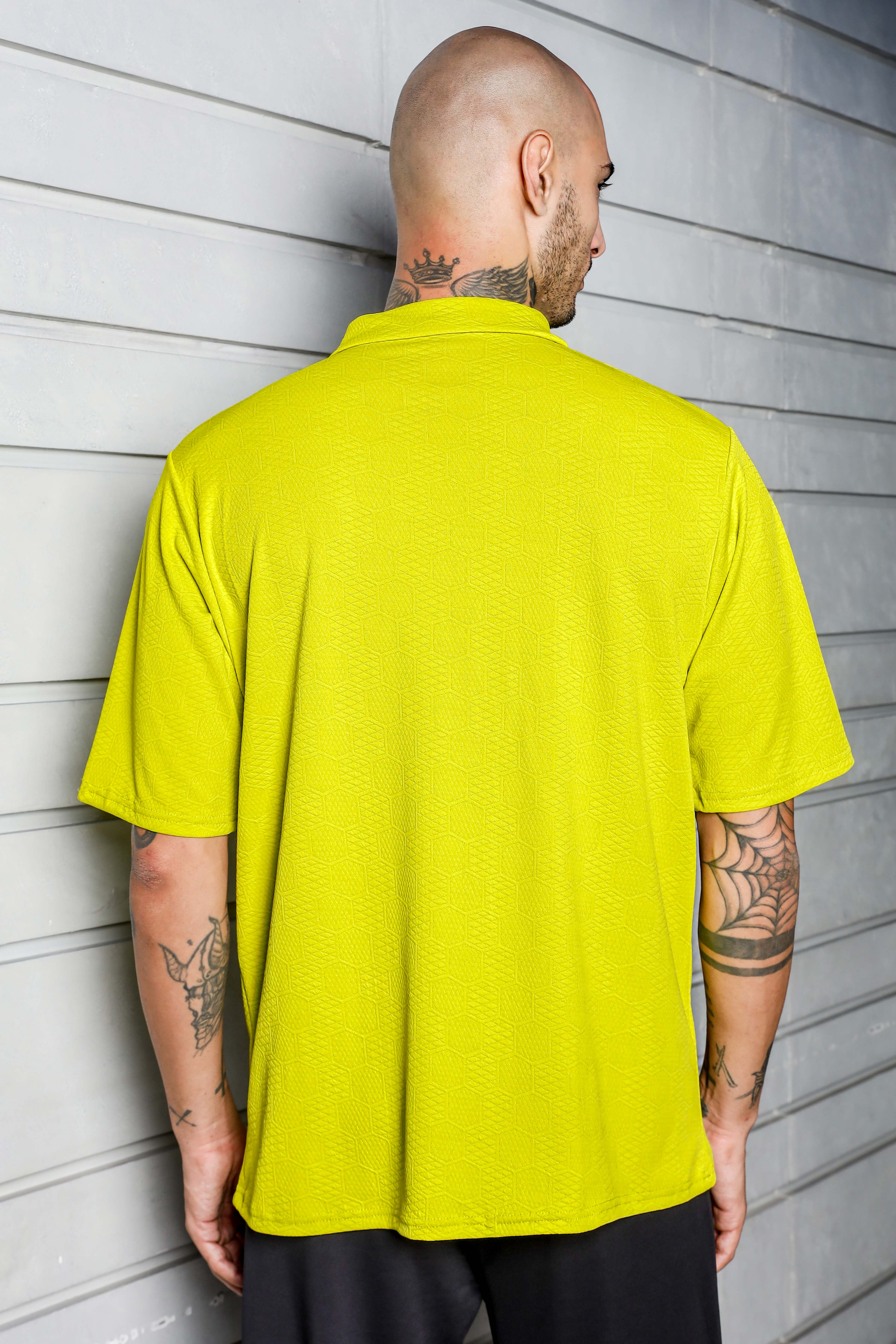 Unisex Lime Green Textured Polo Neck Oversized T-shirt