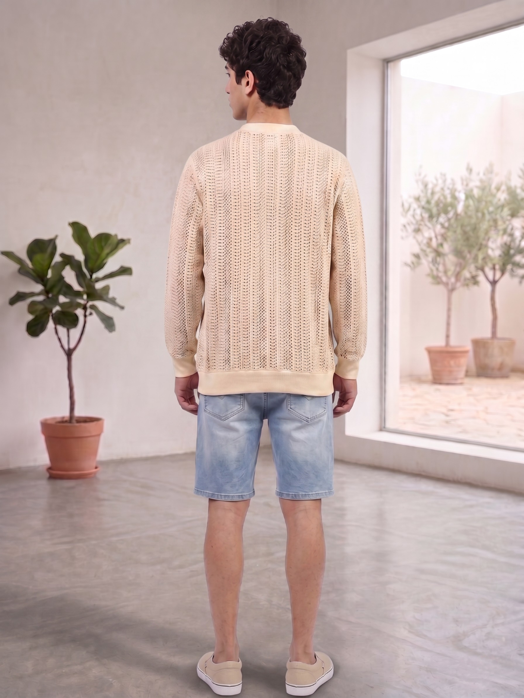 Beige Oversized Fit Premium Pure Cotton Crochet T-Shirt