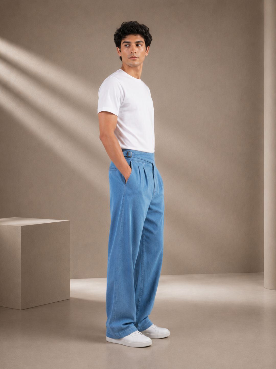 Blue Denim Baggy Fit Gurkha Trousers with Double Pleated Front