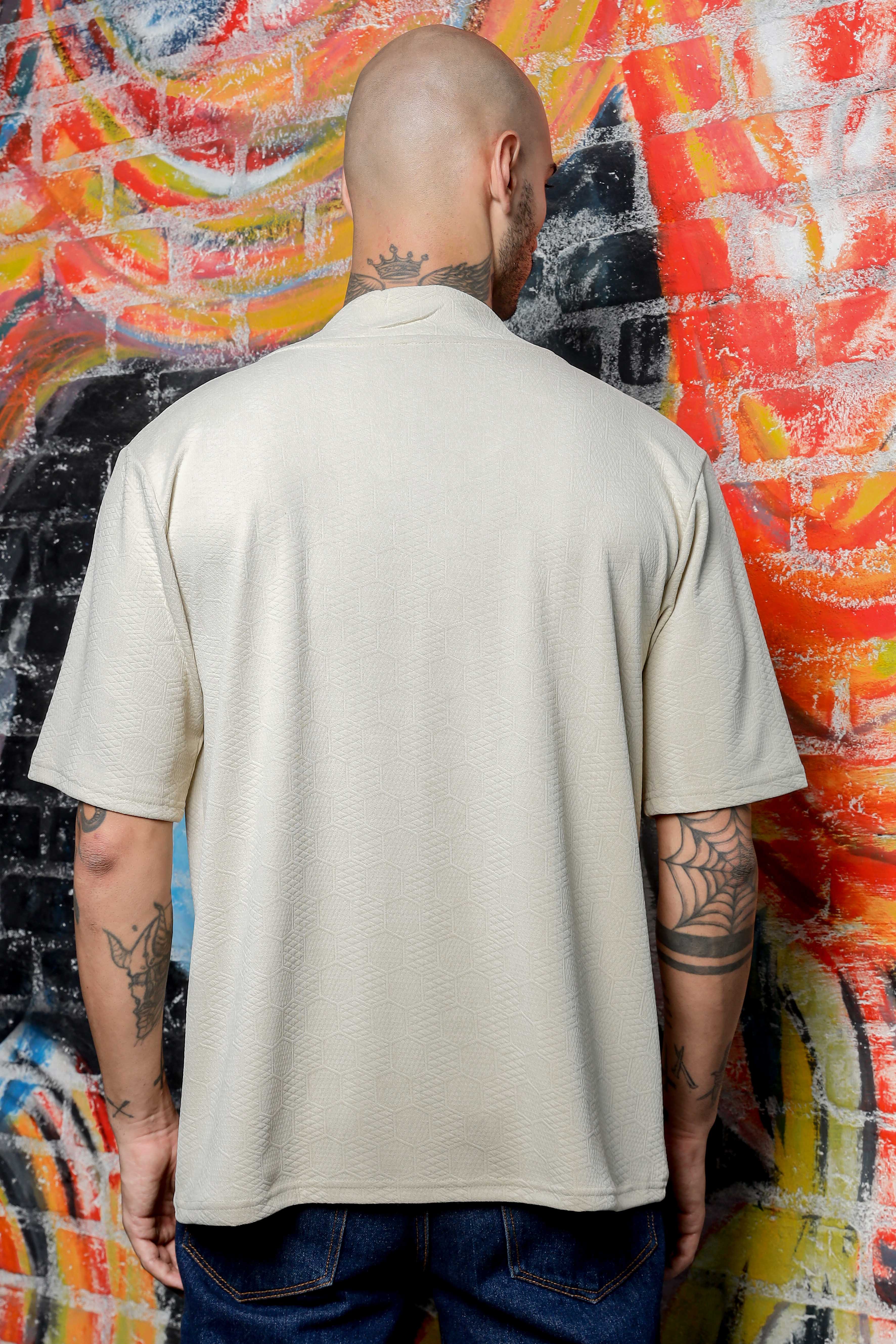 Unisex White Textured V-Neck Oversized T-shirt
