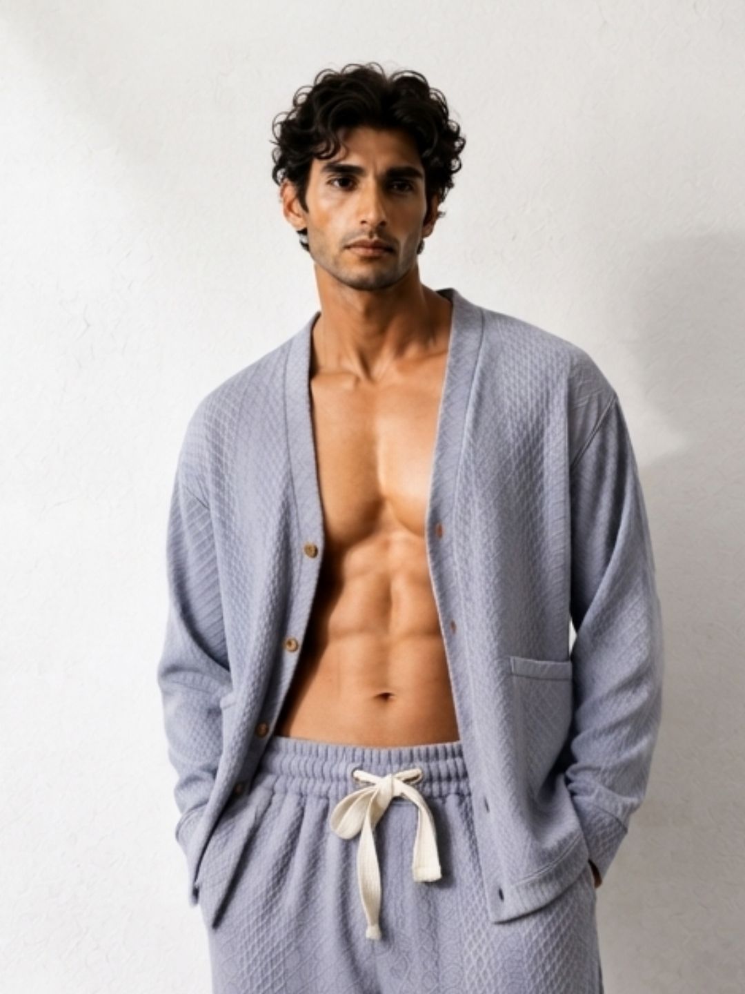 Grey Textured Oversized Full Sleeve Cardigan/Shawl Neck Tee & Trackpant Co-ord Set