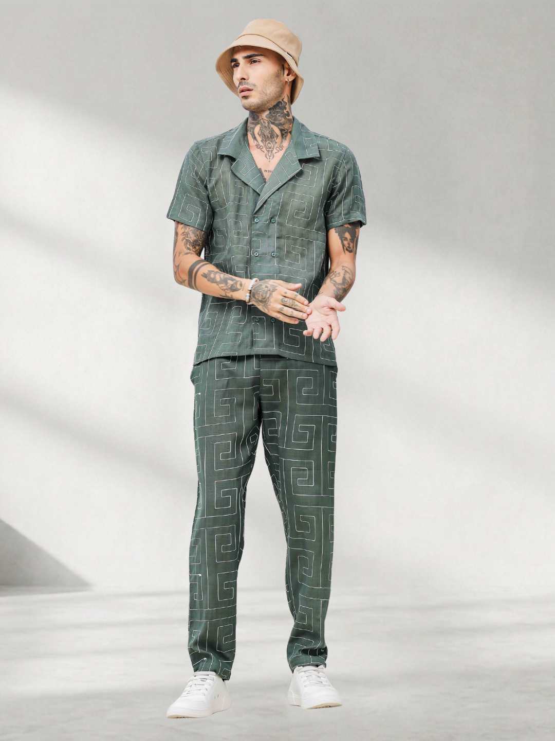 Olive Linen Blend Embroidered Notched Lapel Shirt and All Day Pants Co-ord Set