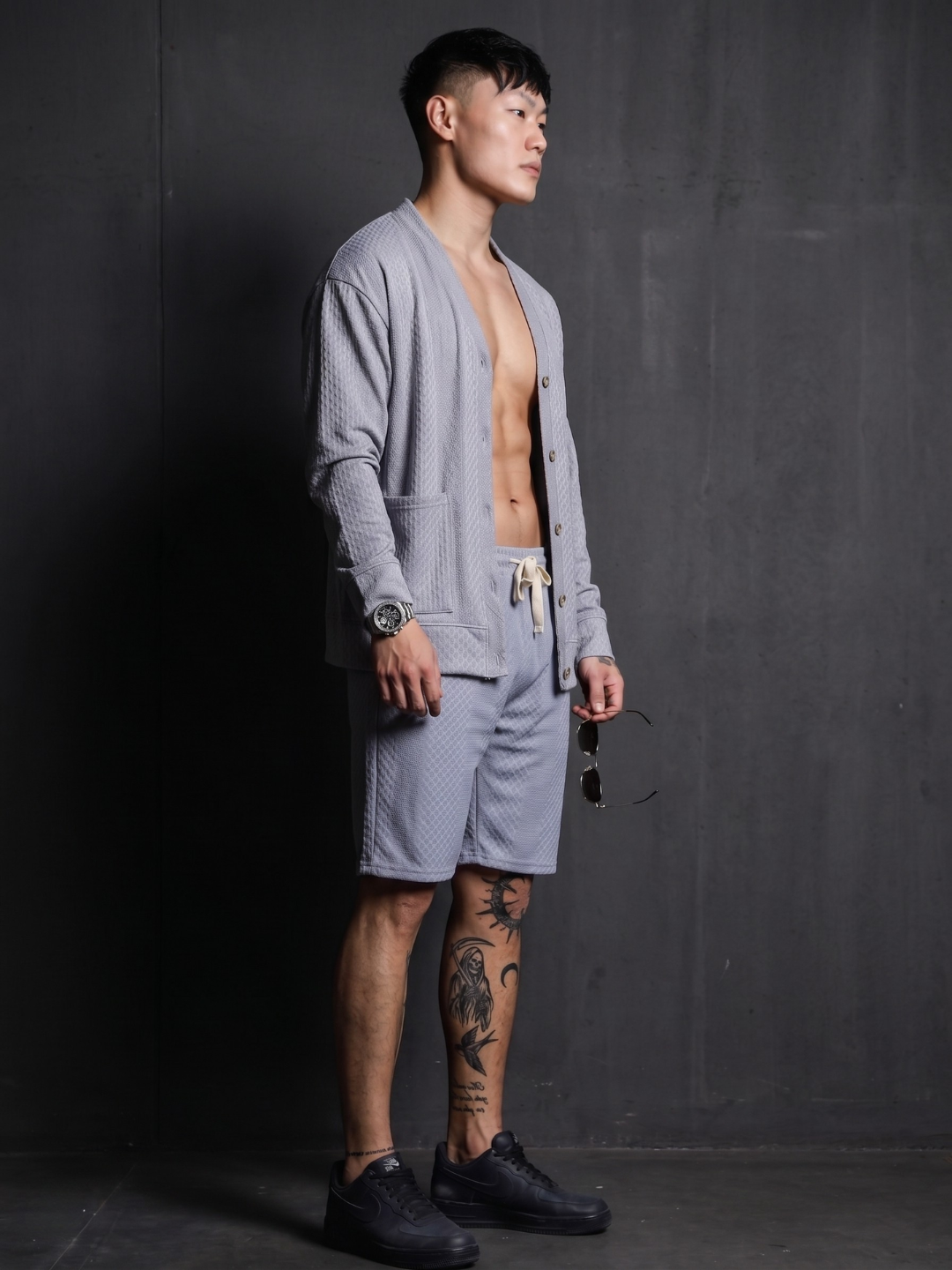 Unisex Grey Textured Cardigan Style T-Shirt & Shorts Co-ord Set
