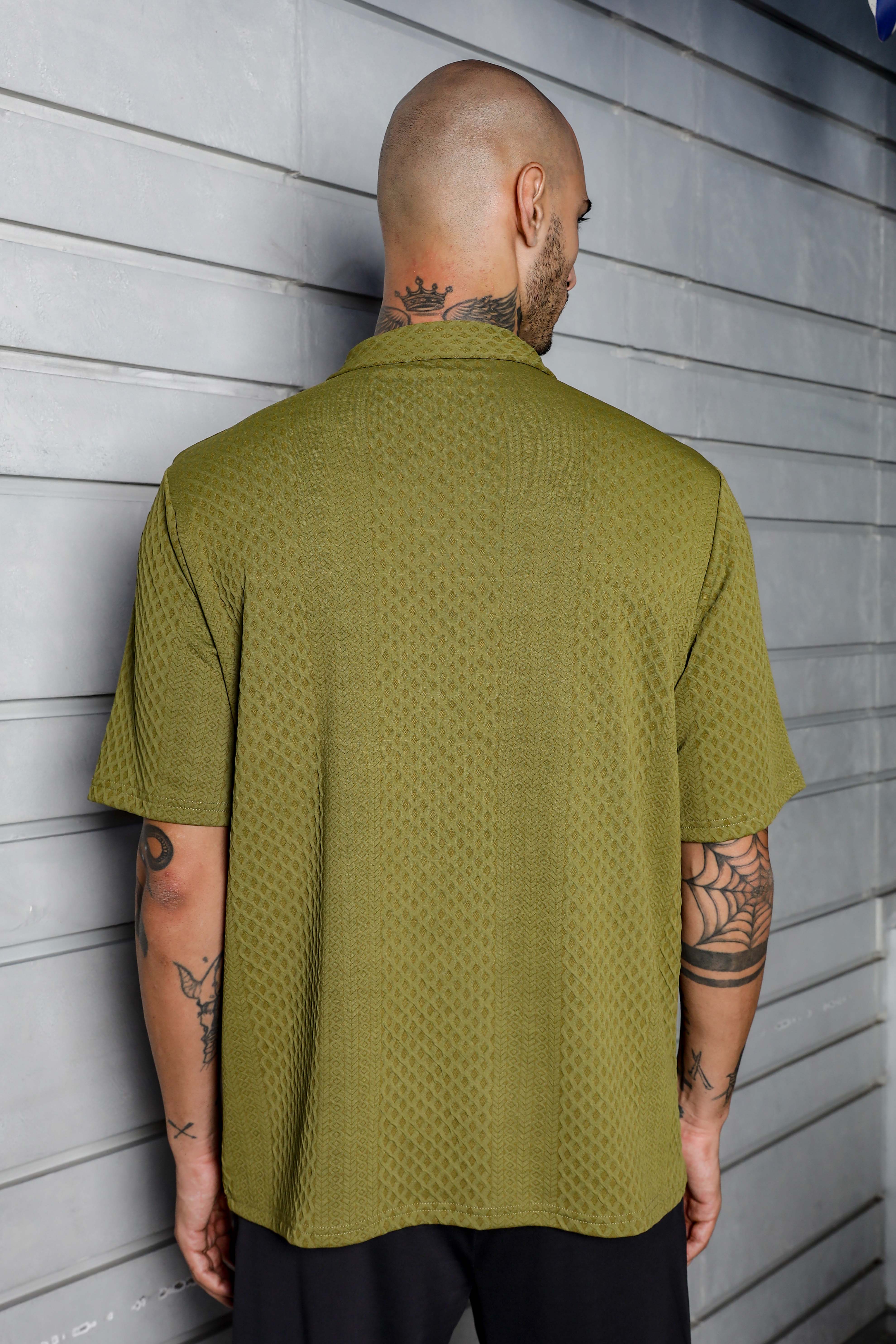 Unisex Olive Textured Polo Neck Oversized T-shirt