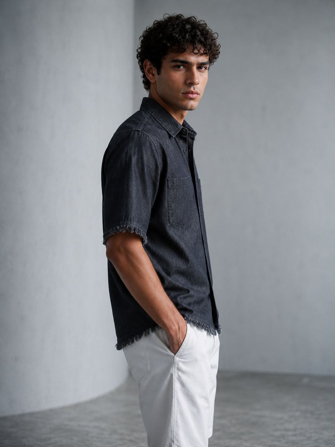 Black Raw Edge Oversized Box-Fit Spread Collar Premium Denim Shirt