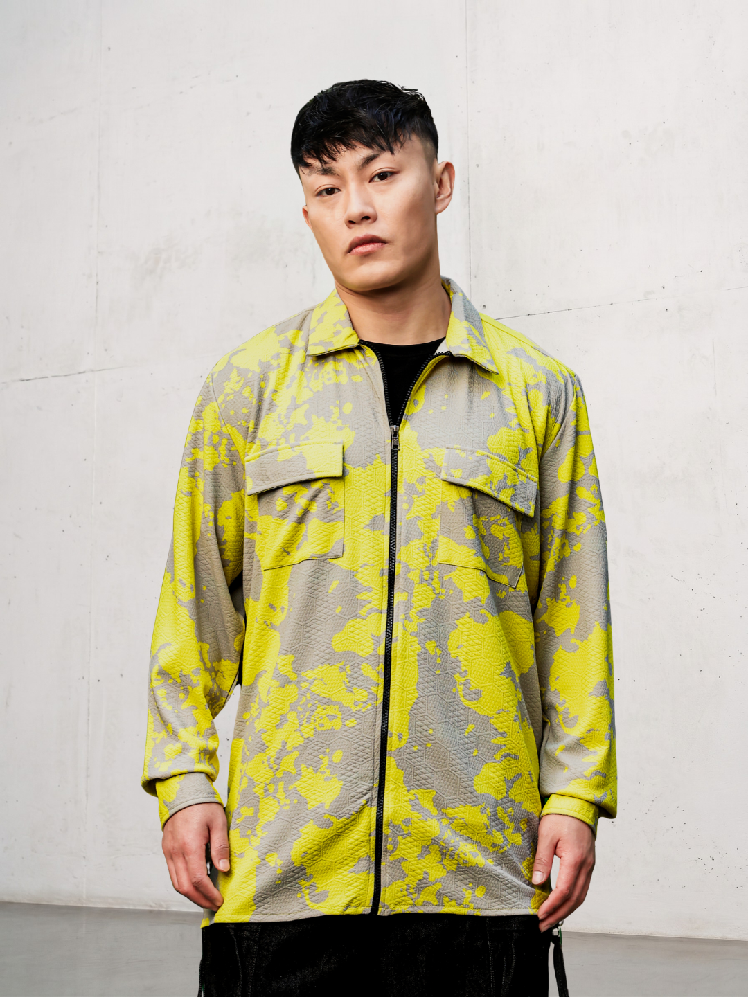 Neon Grey Splatter Abstract Print Textured Drop-Shoulder Relaxed Fit Shirt Zipper Shirt