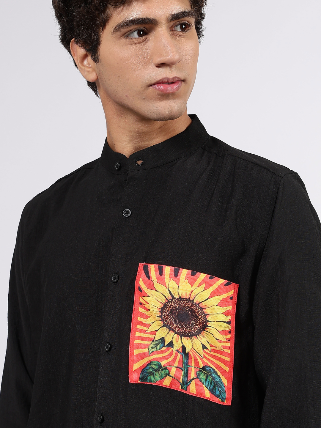 Black Mandarin Collar Pure Viscose Relaxed Fit Shirt 2.0