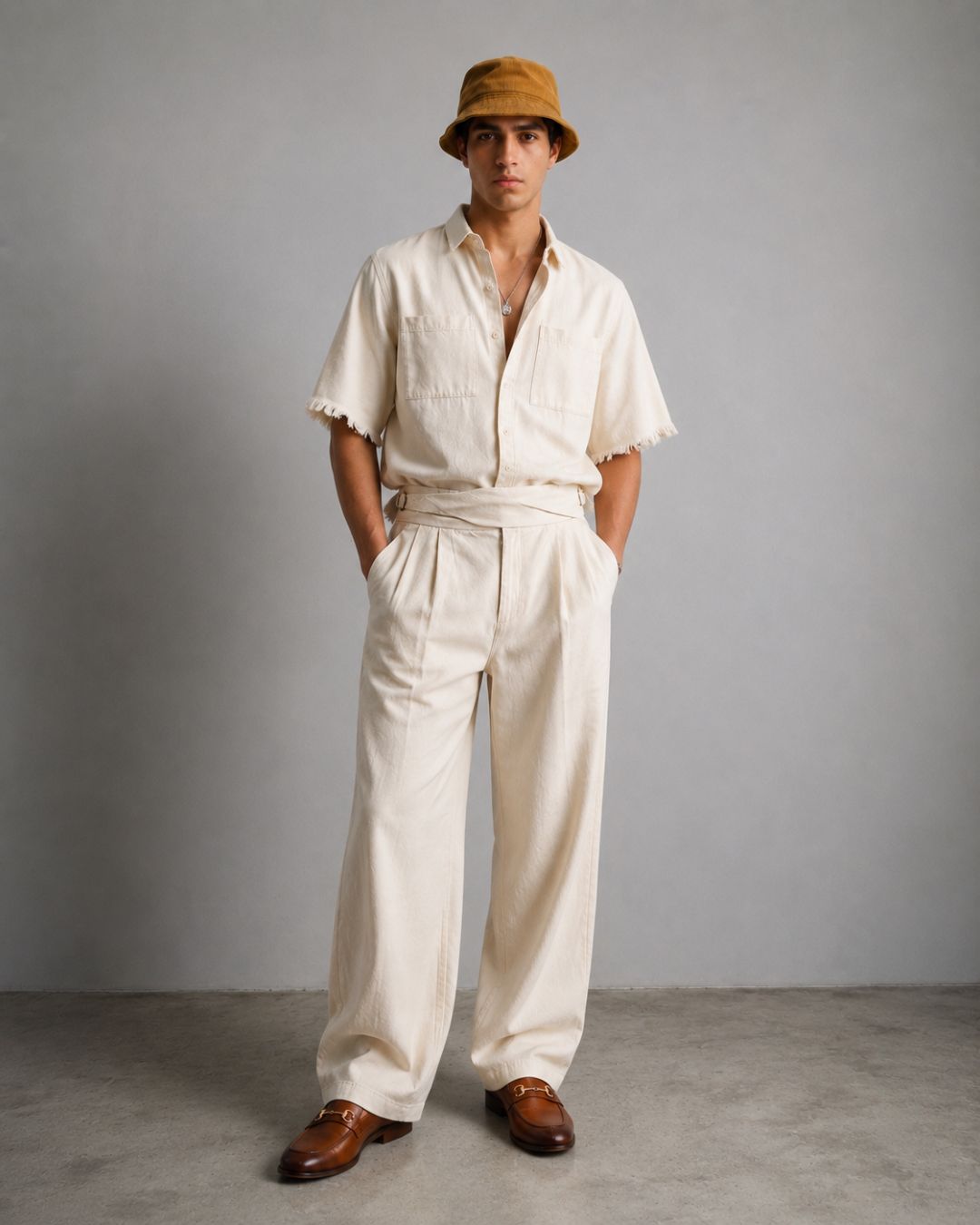 Off-White Premium Denim Gurkha Trousers with Double Pleated Front