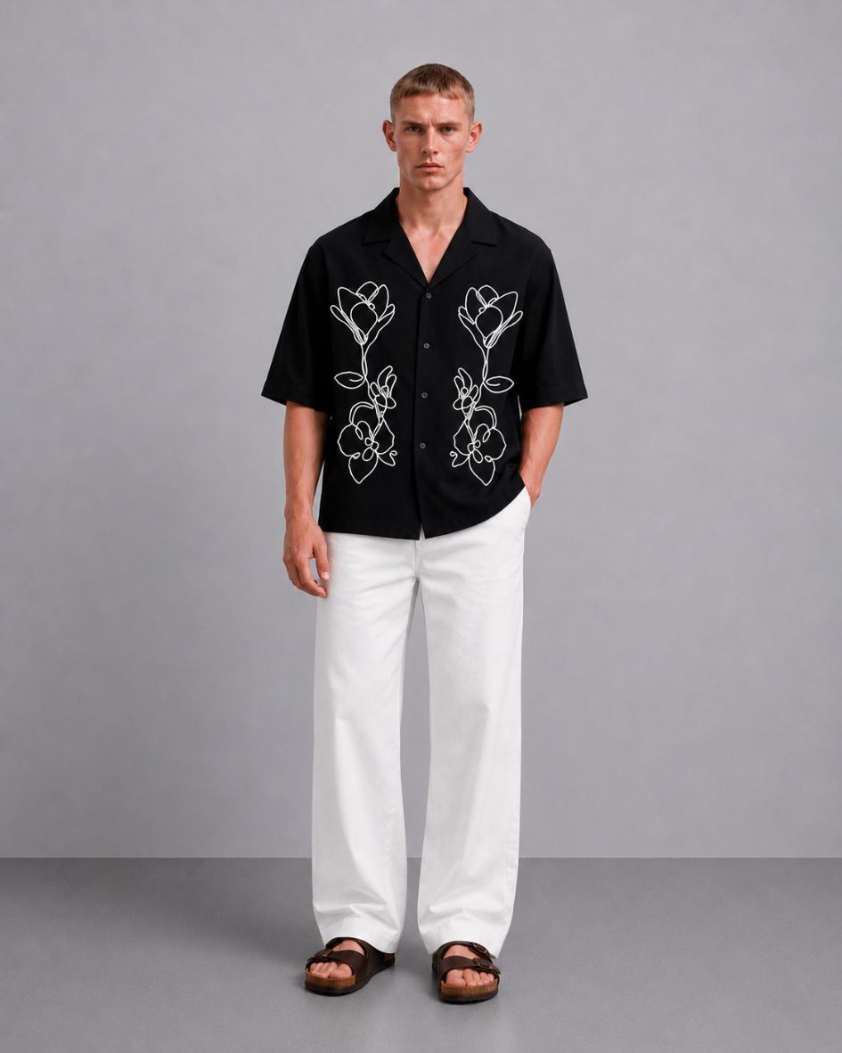 Black Embroidered Relaxed Fit Oversized Half Sleeve Casual Resort Shirt