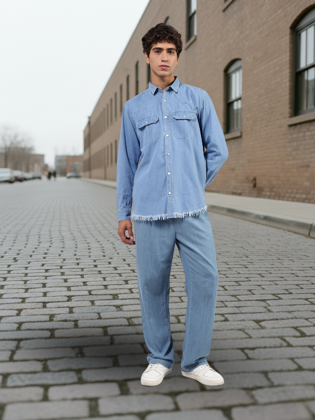 Co-Ord Set Blue Premium Denim Gurkha Pant & Full Shirt Relaxed Fit