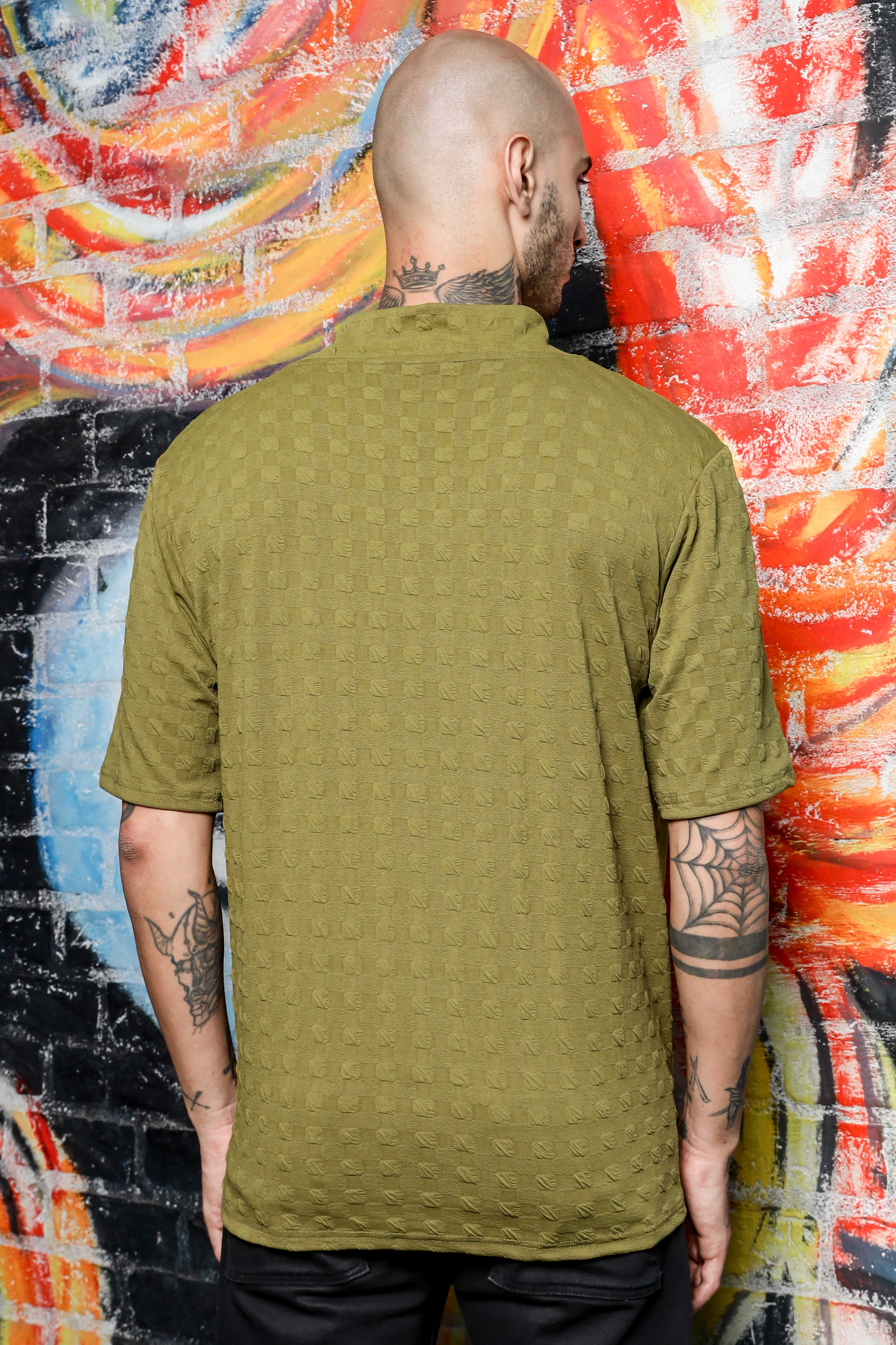 Unisex olive Textured V-Neck Oversized T-shirt