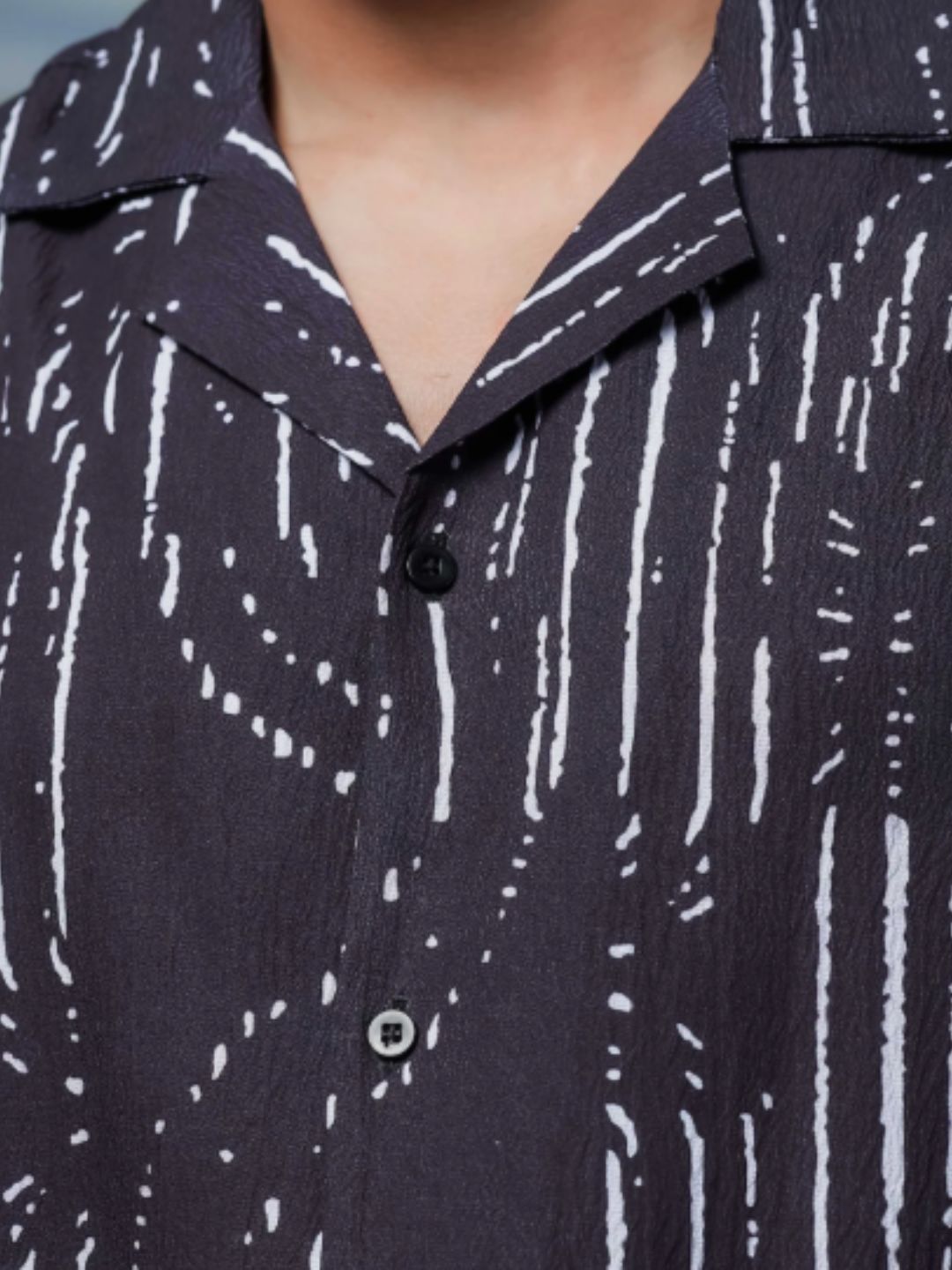 Black Abstract Printed Cuban Collar Relaxed Fit Resort Shirt