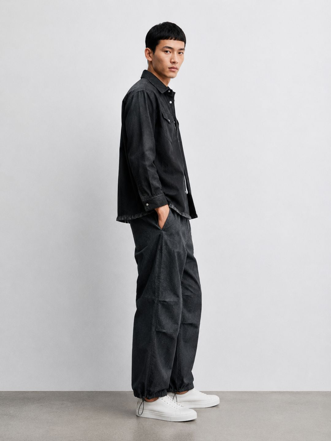 Denim Co-ord Set Charcoal Black Parachute Baggy Denim Pant & Full Shirt Relaxed Fit