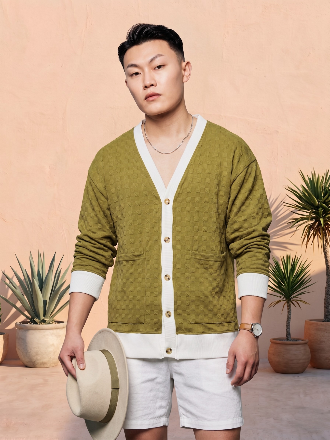 Unisex Olive Textured Cardigan Style T-Shirt & Shorts Co-ord Set