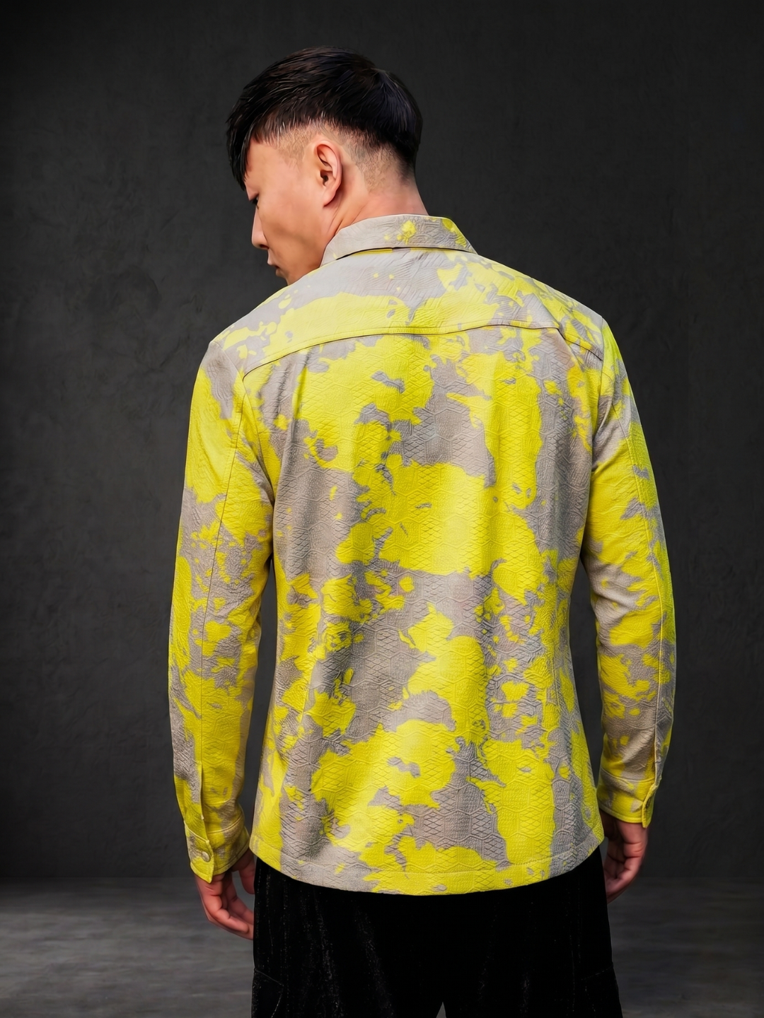 Neon Grey Splatter Abstract Print Textured Drop-Shoulder Relaxed Fit Shirt Zipper Shirt