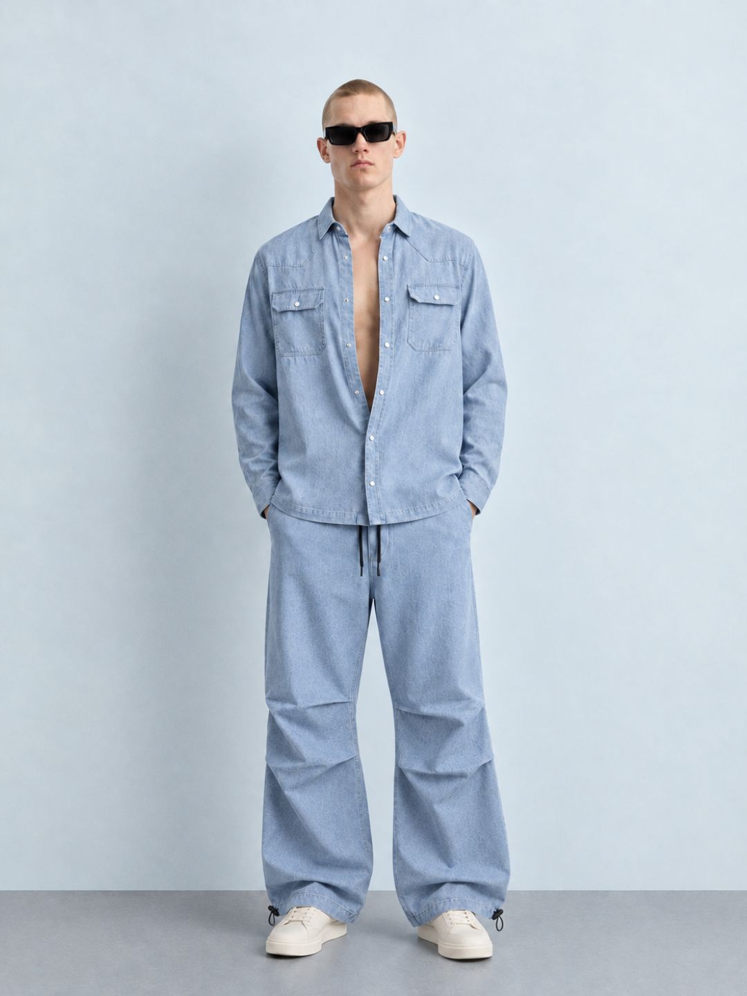 Denim Co-ord Set Light Blue Parachute Baggy Denim Pant & Full Shirt Relaxed Fit