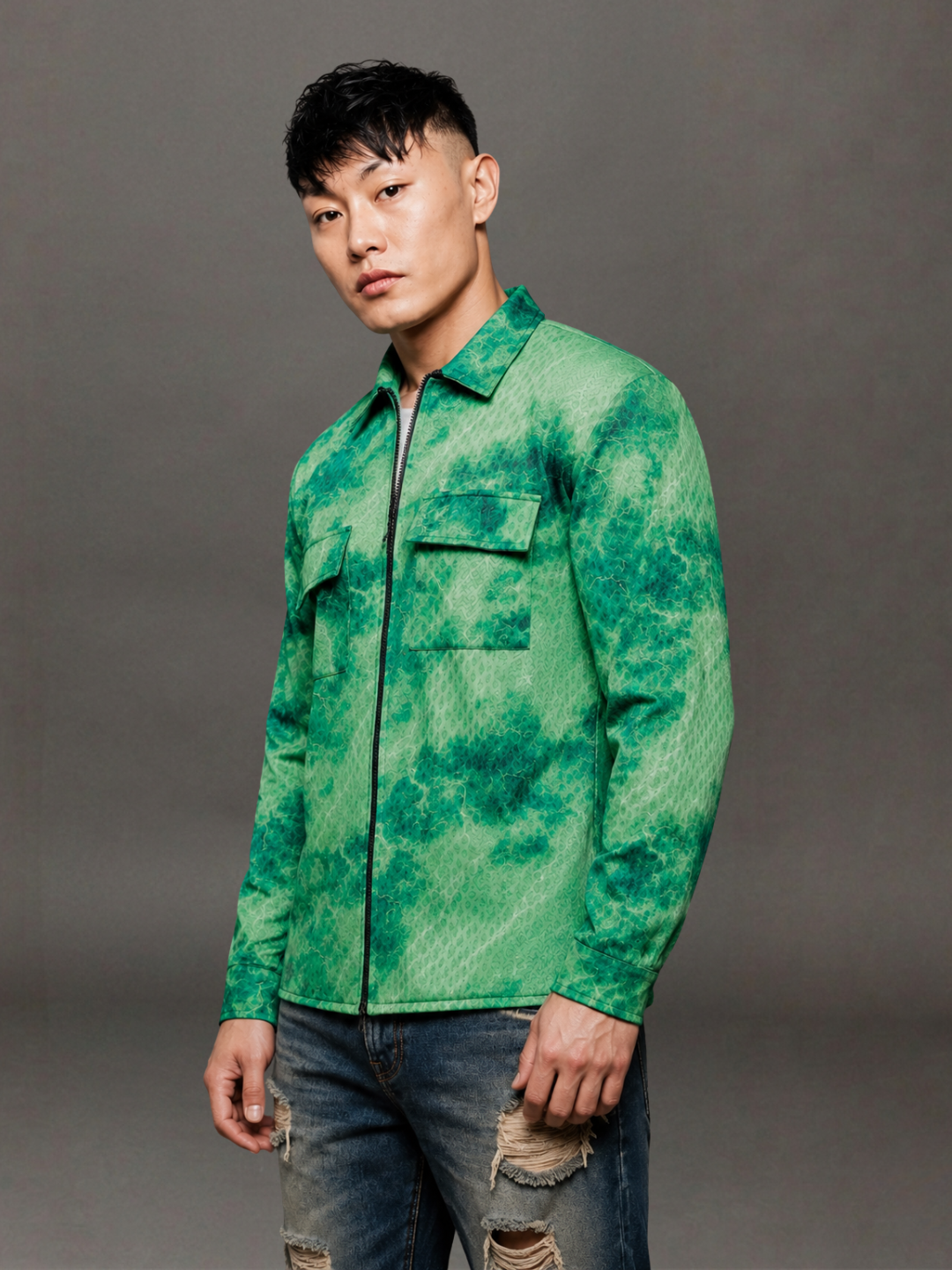 Grey & Green Abstract Printed Drop-Shoulder Relaxed Fit Shirt Zipper Shirt