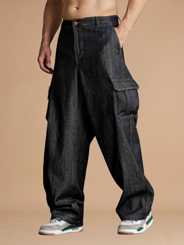 Black Super Baggy Fit Premium 100% Cotton Denim 6-Pocket Cargo