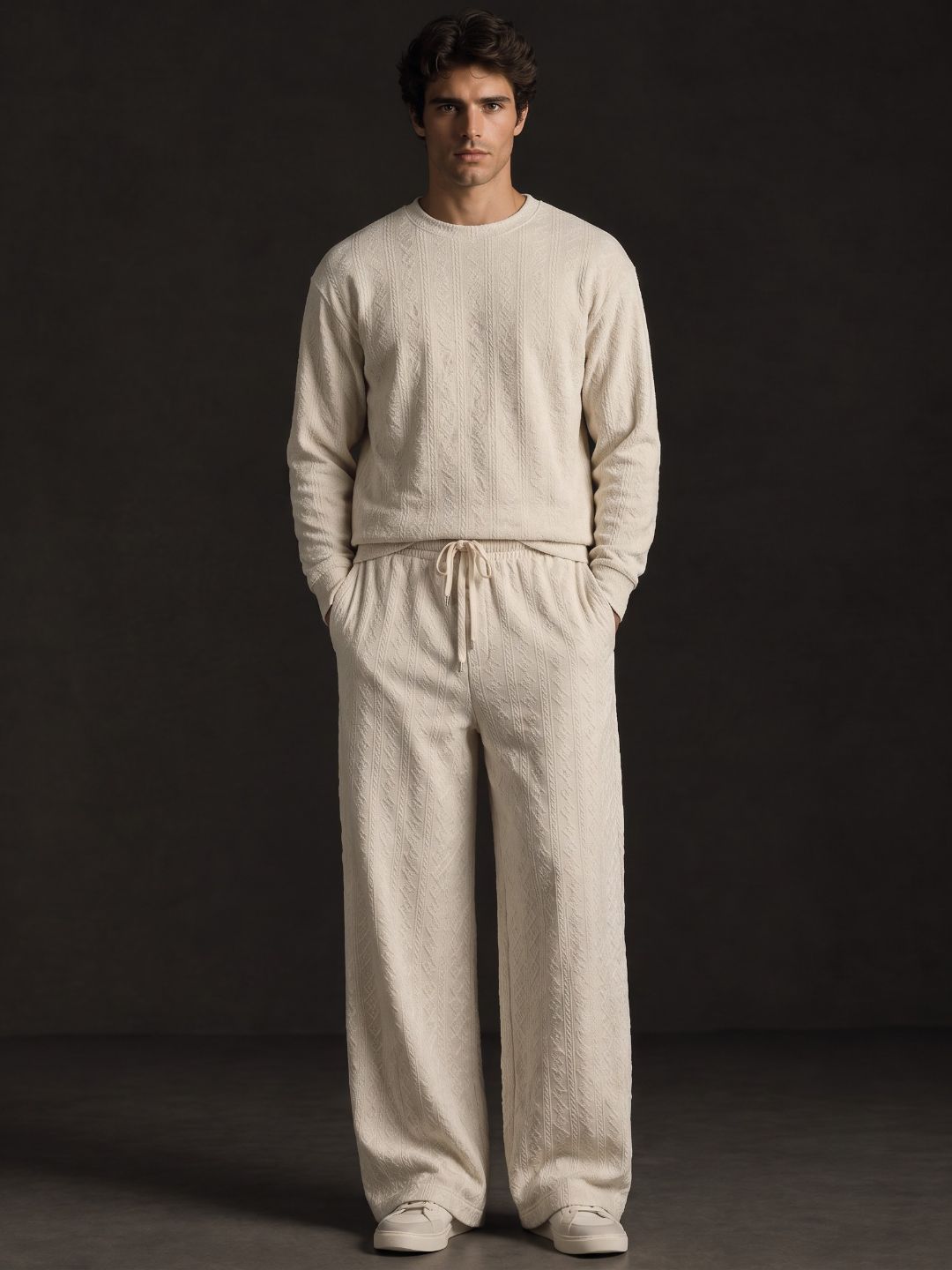 Off-White Textured Oversized Full Sleeve Sweatshirt & Trackpant Co-ord Set