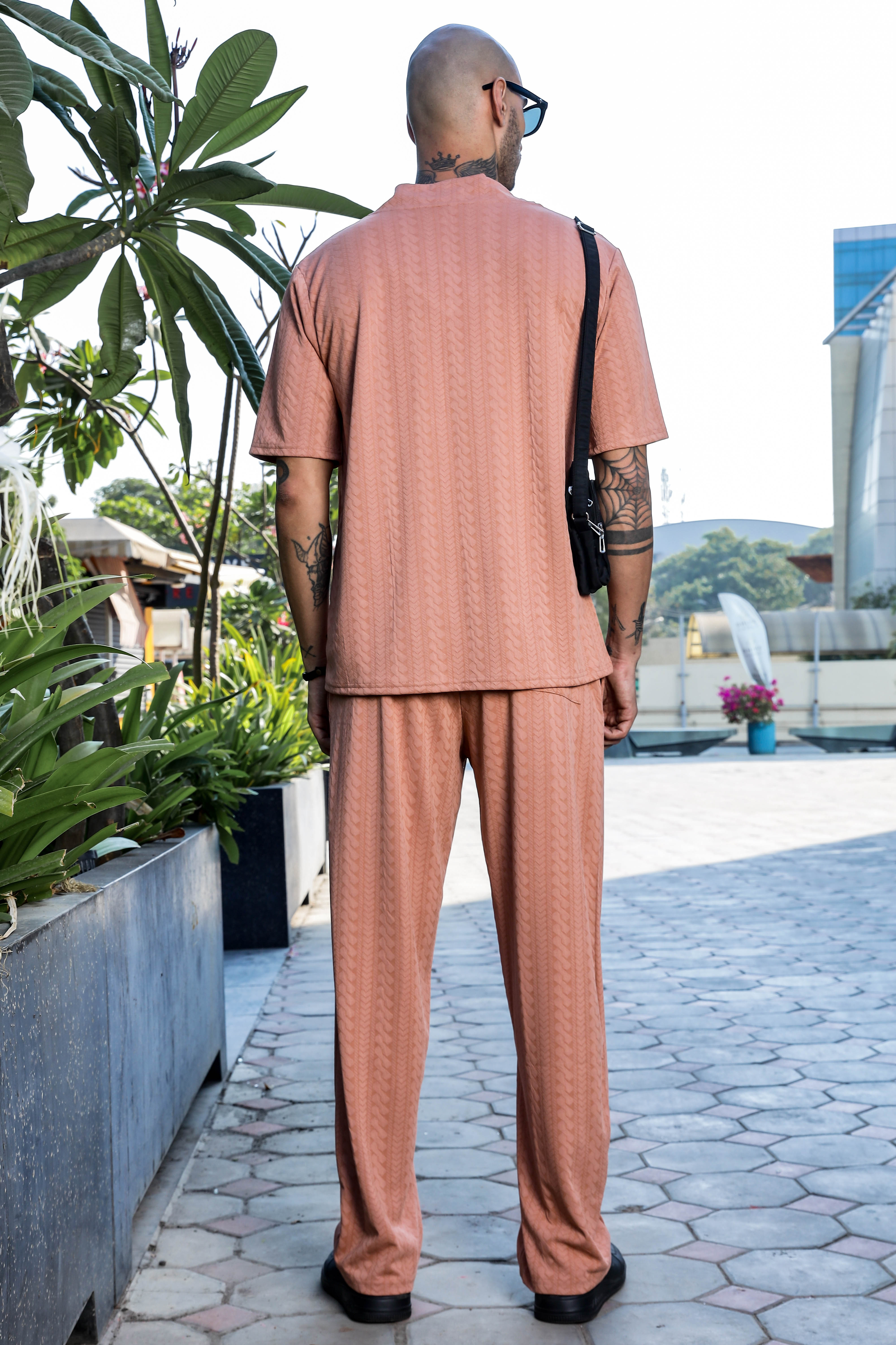 Unisex Brown Textured Oversized V-Neck Tee & Trackpant Co-ord Set