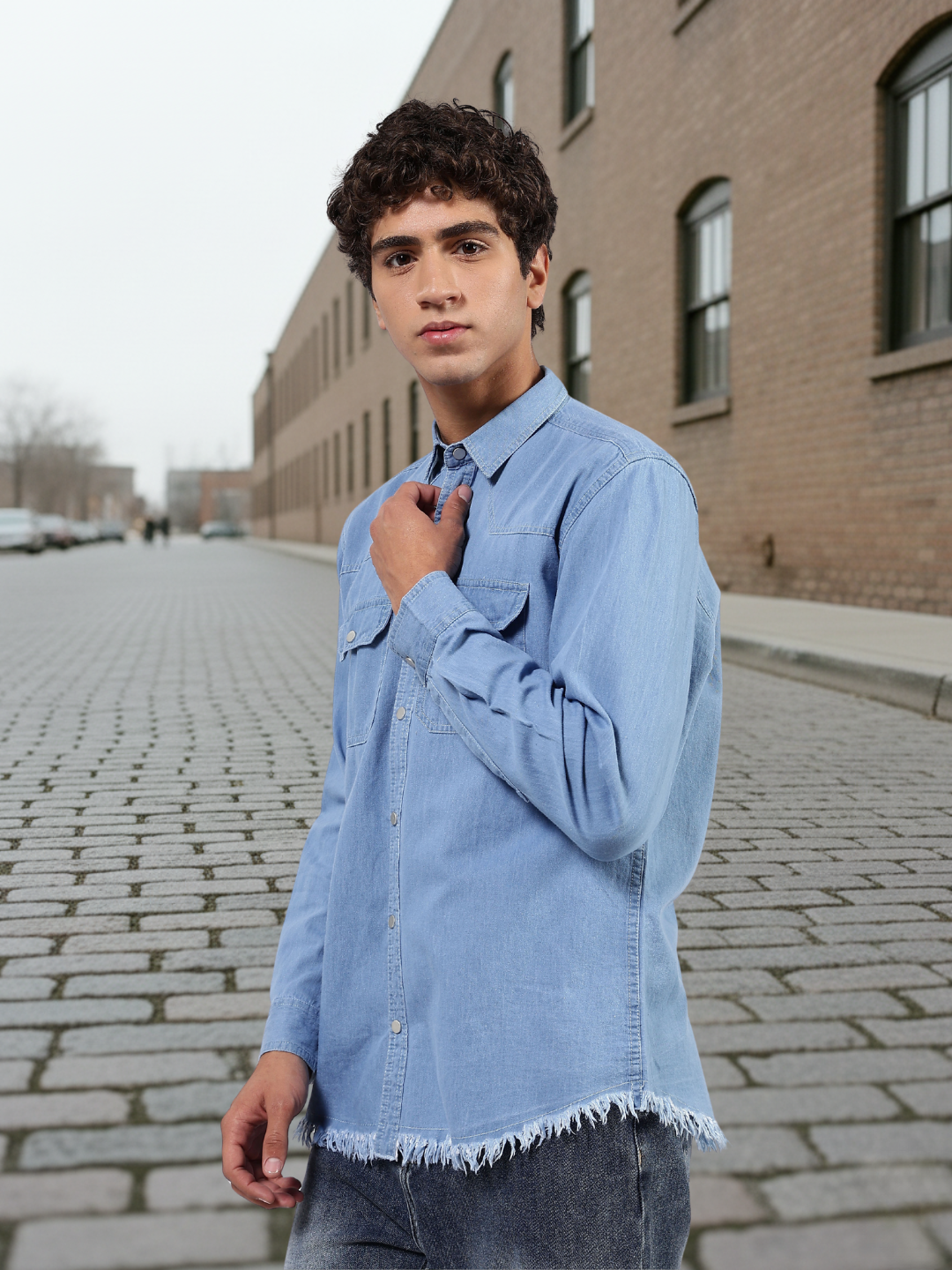 Blue Raw Edge Oversized Relaxed Fit Spread Collar Premium Denim Shirt