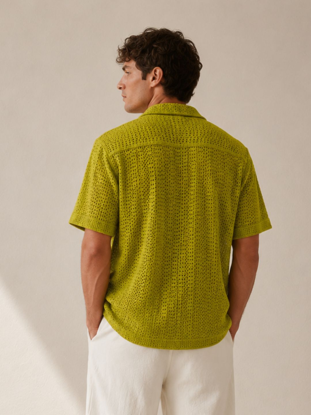 Lime Green Relaxed Fit Pure Cotton Crochet Resort Shirt
