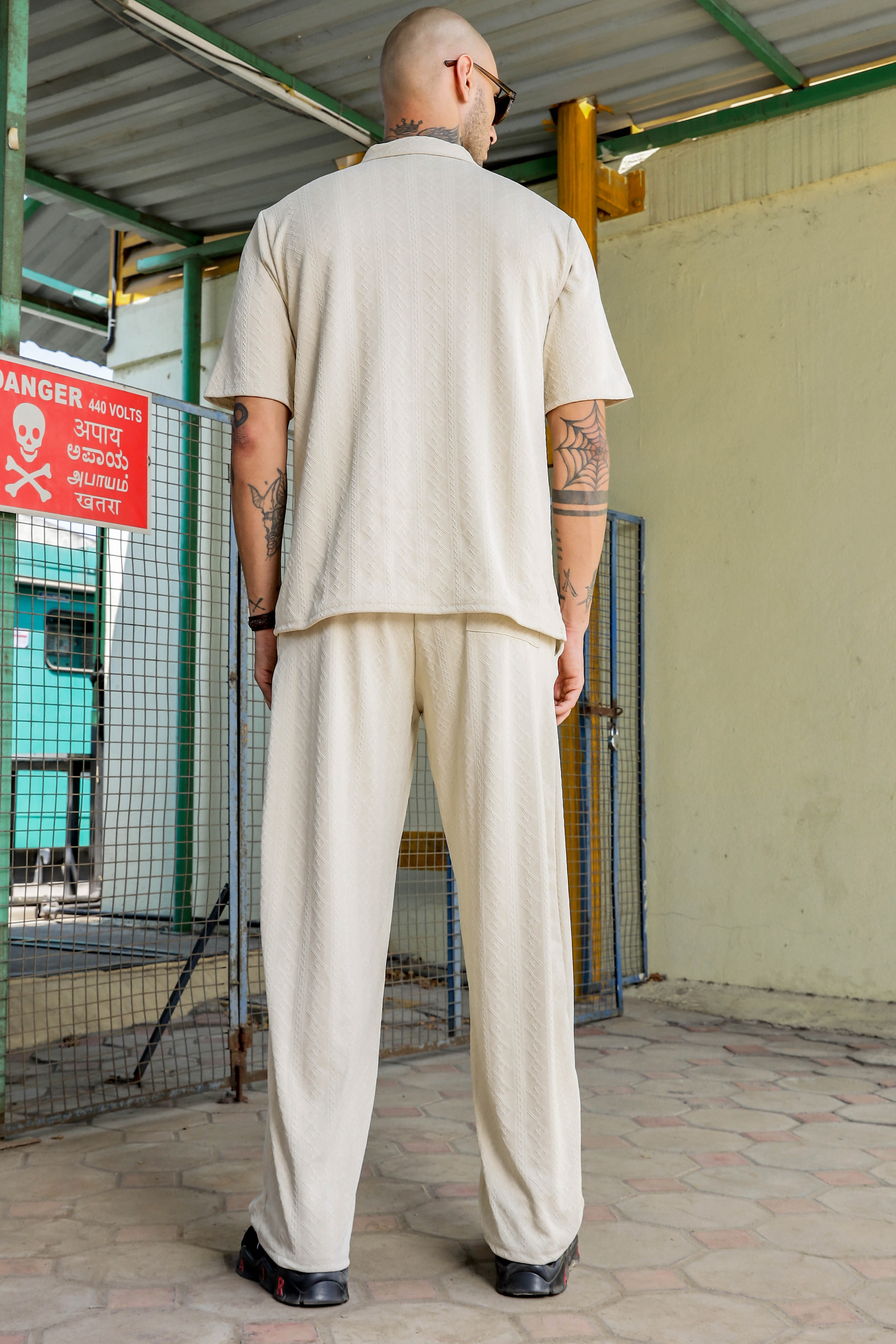 Unisex White Textured Oversized Polo Neck Tee & Trackpant Co-ord Set