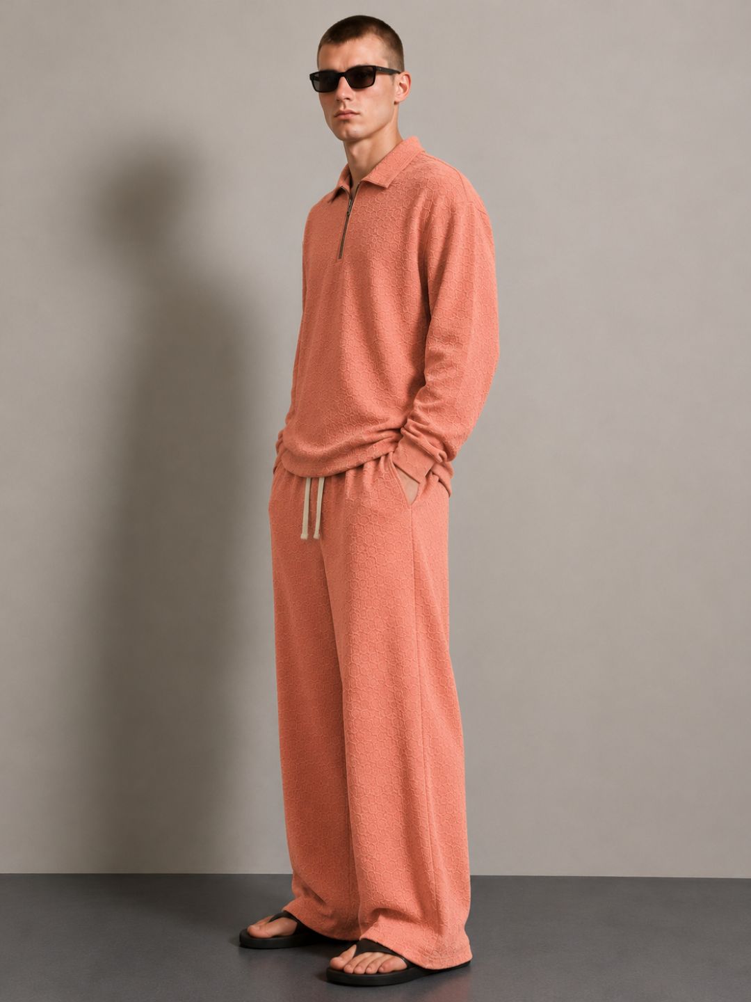 Brown Textured Oversized Full Sleeve Polo Neck Tee & Trackpant Co-ord Set