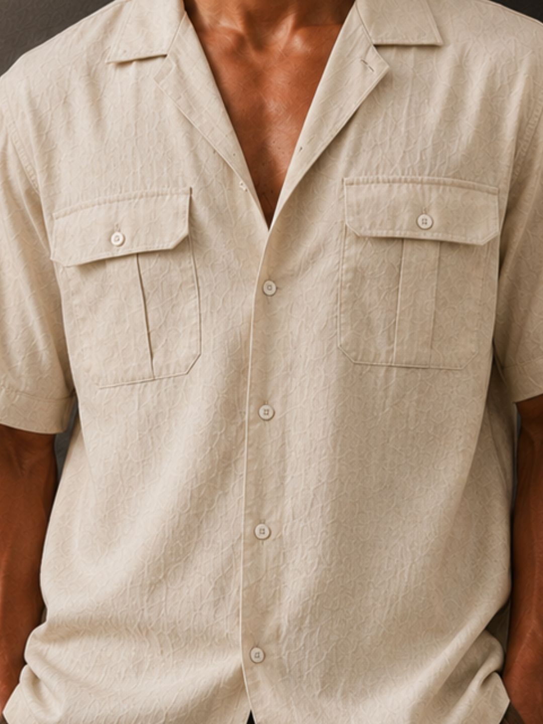 Linen Blend Beige Cuban Collar Classic Relaxed Fit Shirt