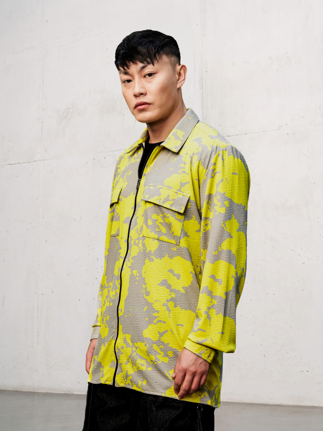 Neon Grey Splatter Abstract Print Textured Drop-Shoulder Relaxed Fit Shirt Zipper Shirt