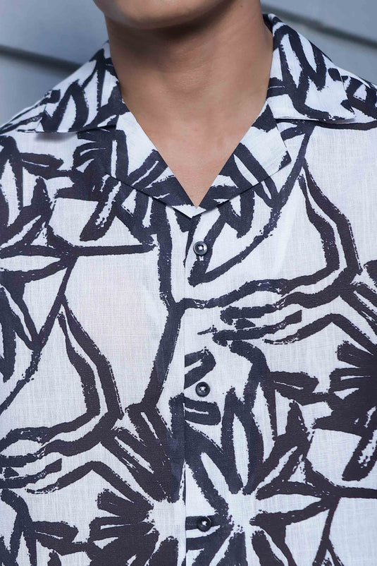 Abstract Floral Print Linen Blend Cuban Collar Oversized Resort Shirt