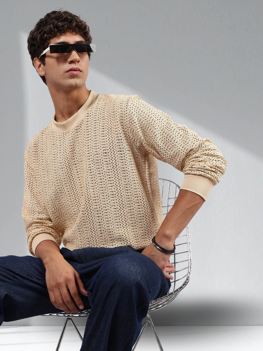 Beige Oversized Fit Premium Cotton Crochet Pullover
