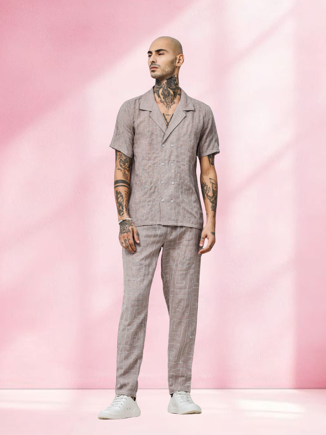 Beige Linen Notched Lapel Shirt & All Day Lounge Pants Embroidered Co-ord Set