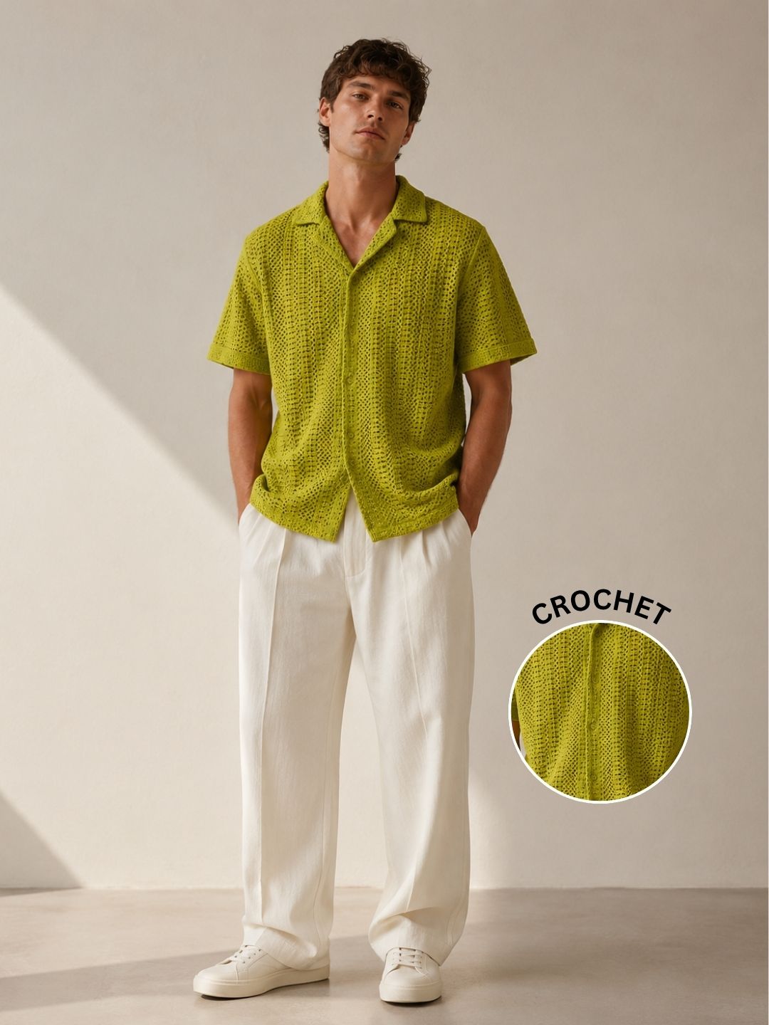 Lime Green Relaxed Fit Pure Cotton Crochet Resort Shirt