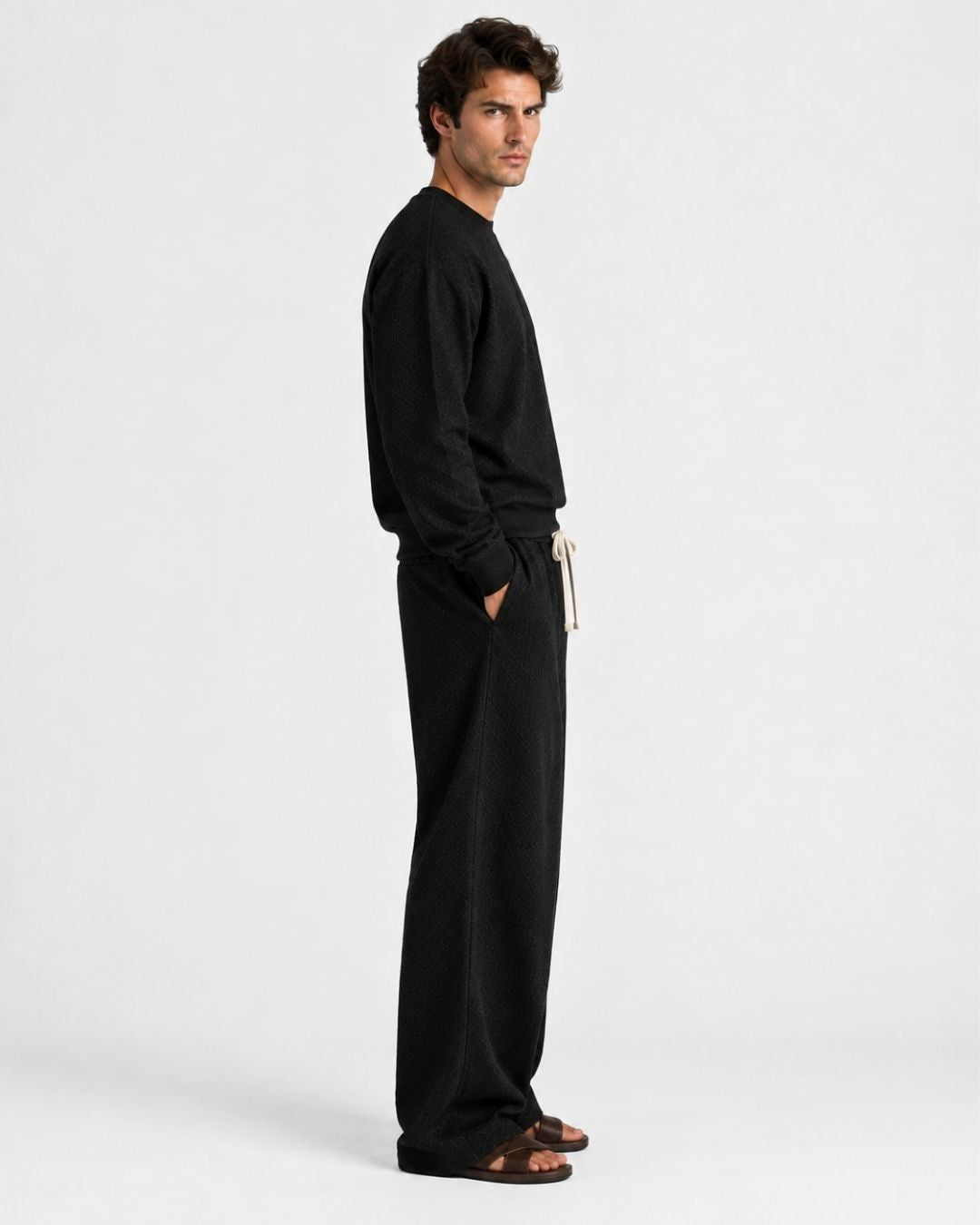 Black Textured Oversized Full Sleeve Sweatshirt & Trackpant Co-ord Set