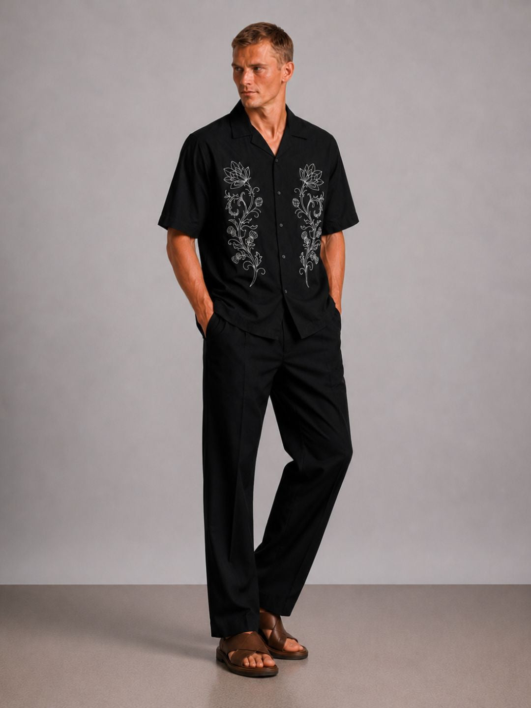 Black Embroidered Relax Fit Oversized Half Sleeve Casual Resort Shirt