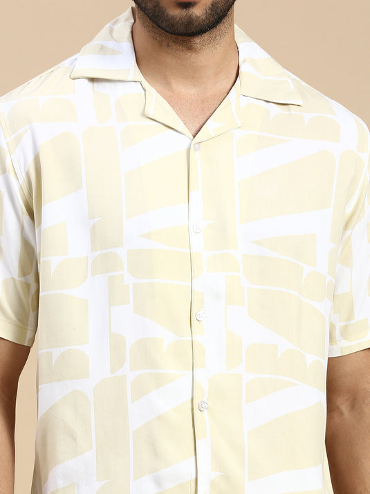 Unisex Cubano Beige Printed Relaxed Fit Resort Shirt