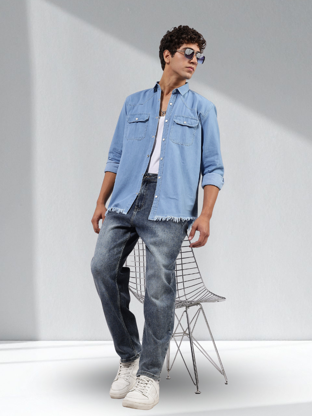 Blue Raw Edge Oversized Relaxed Fit Spread Collar Premium Denim Shirt