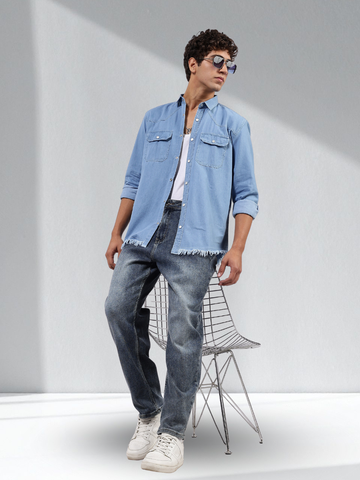 Blue Denim Raw Edge Oversized Relaxed Fit Spread Collar Premium Shirt