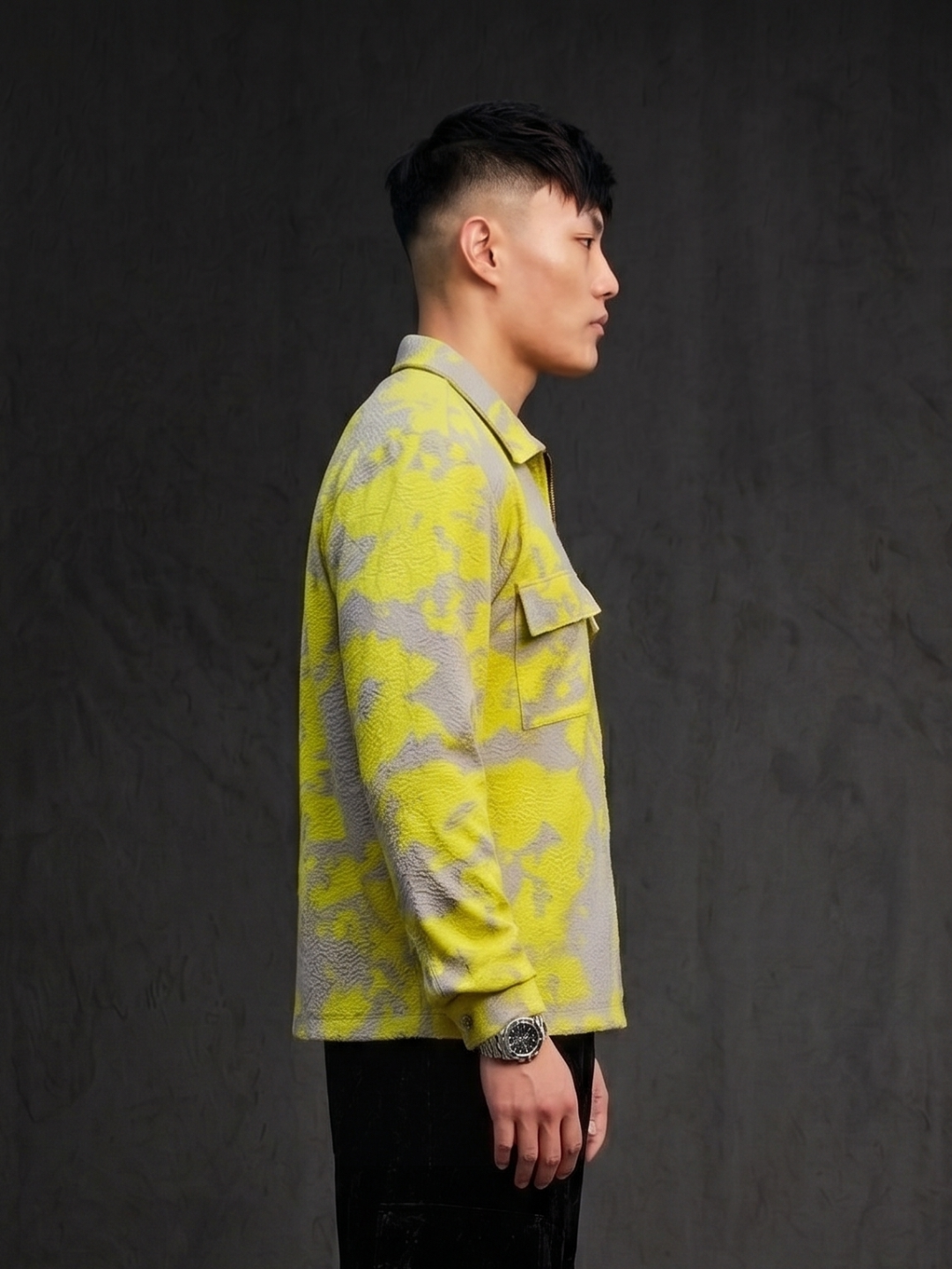 Neon Grey Splatter Abstract Print Textured Drop-Shoulder Relaxed Fit Shirt Zipper Shirt