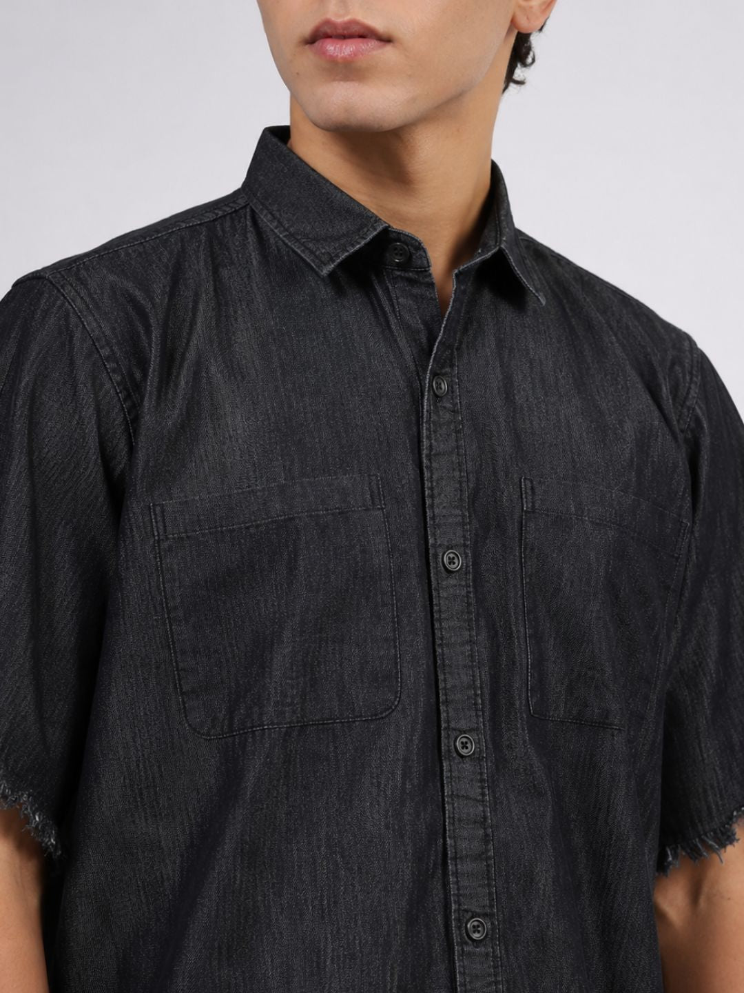 Black Raw Edge Oversized Box-Fit Spread Collar Premium Denim Shirt