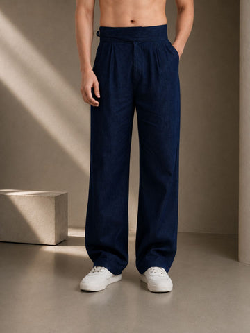 Navy Blue Premium Denim Gurkha Trousers with Double Pleated Front