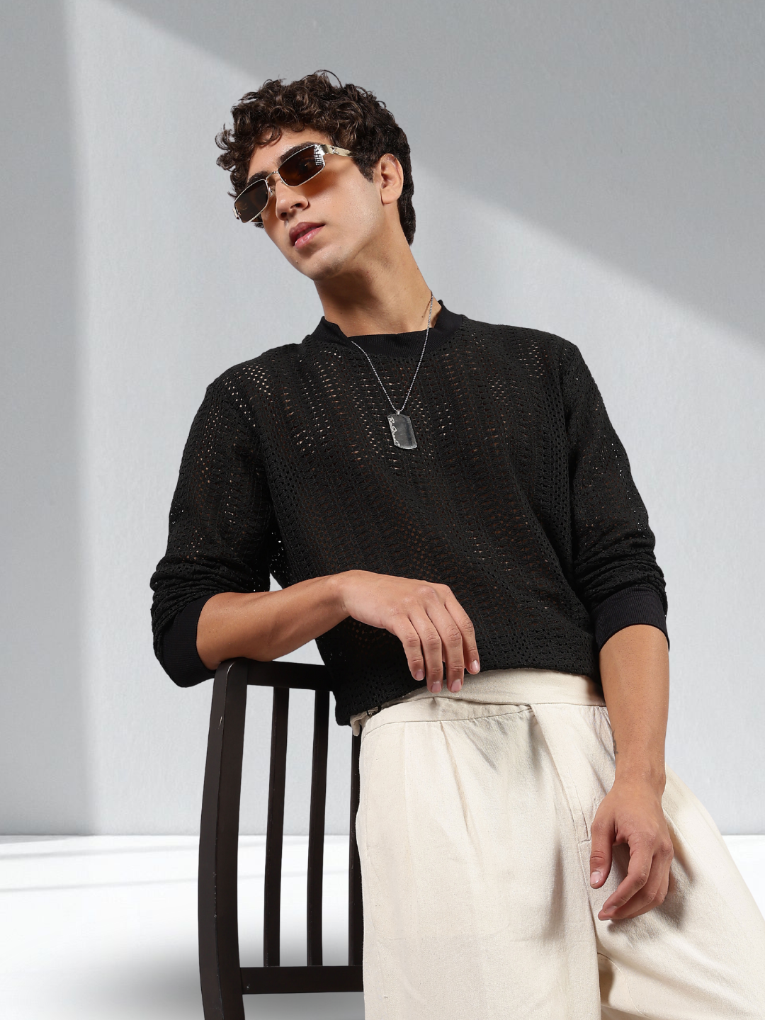 Black Oversized Fit Premium Cotton Crochet Pullover